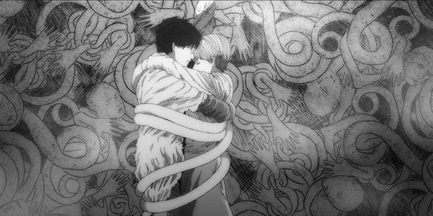Kirie and Shuichi Holding Each Other in the City of Spirals Below Kurouzu-cho in Uzumaki