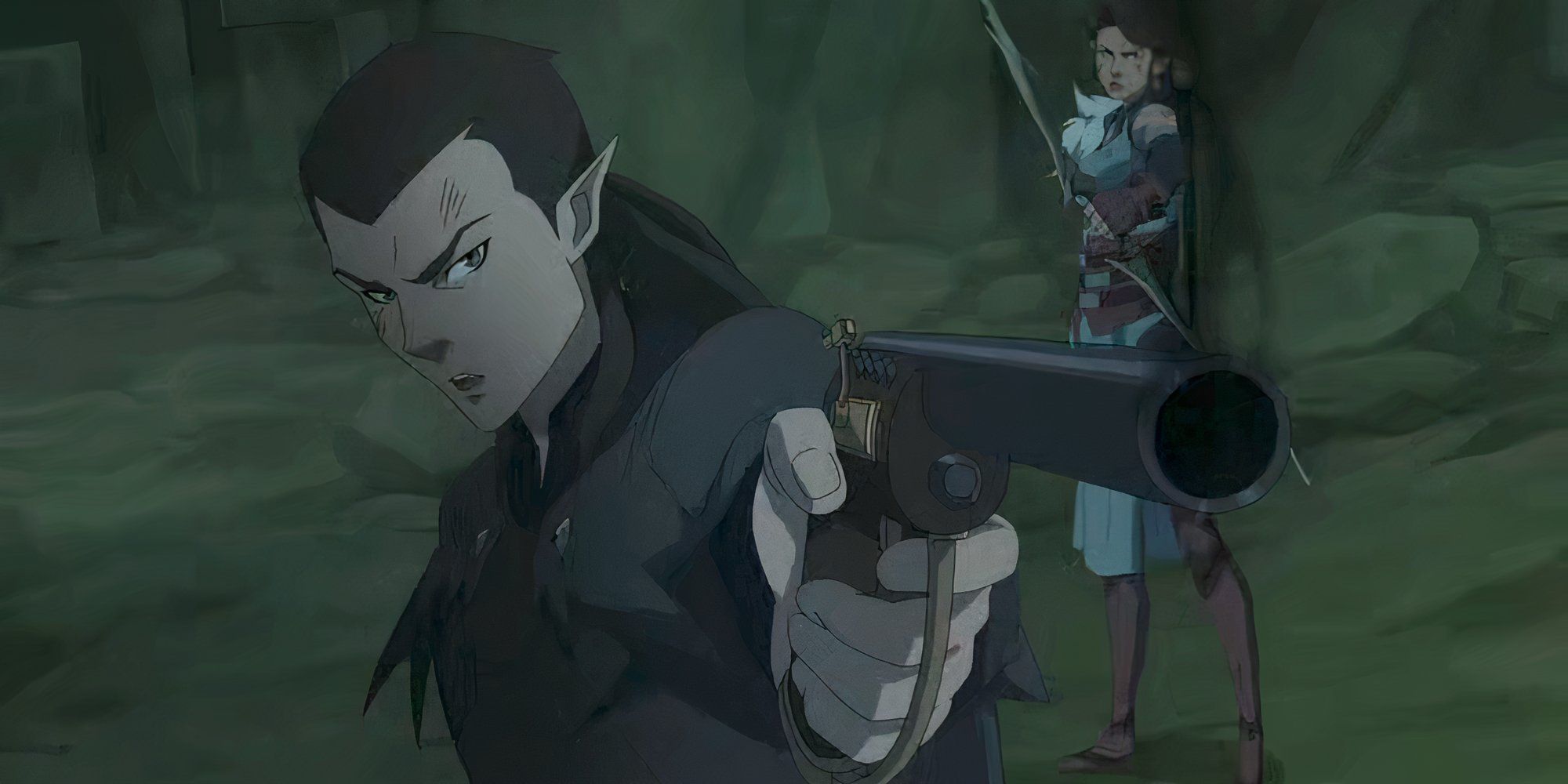 Vax holding Percy's pepperbox gun in The Legend of Vox Machina