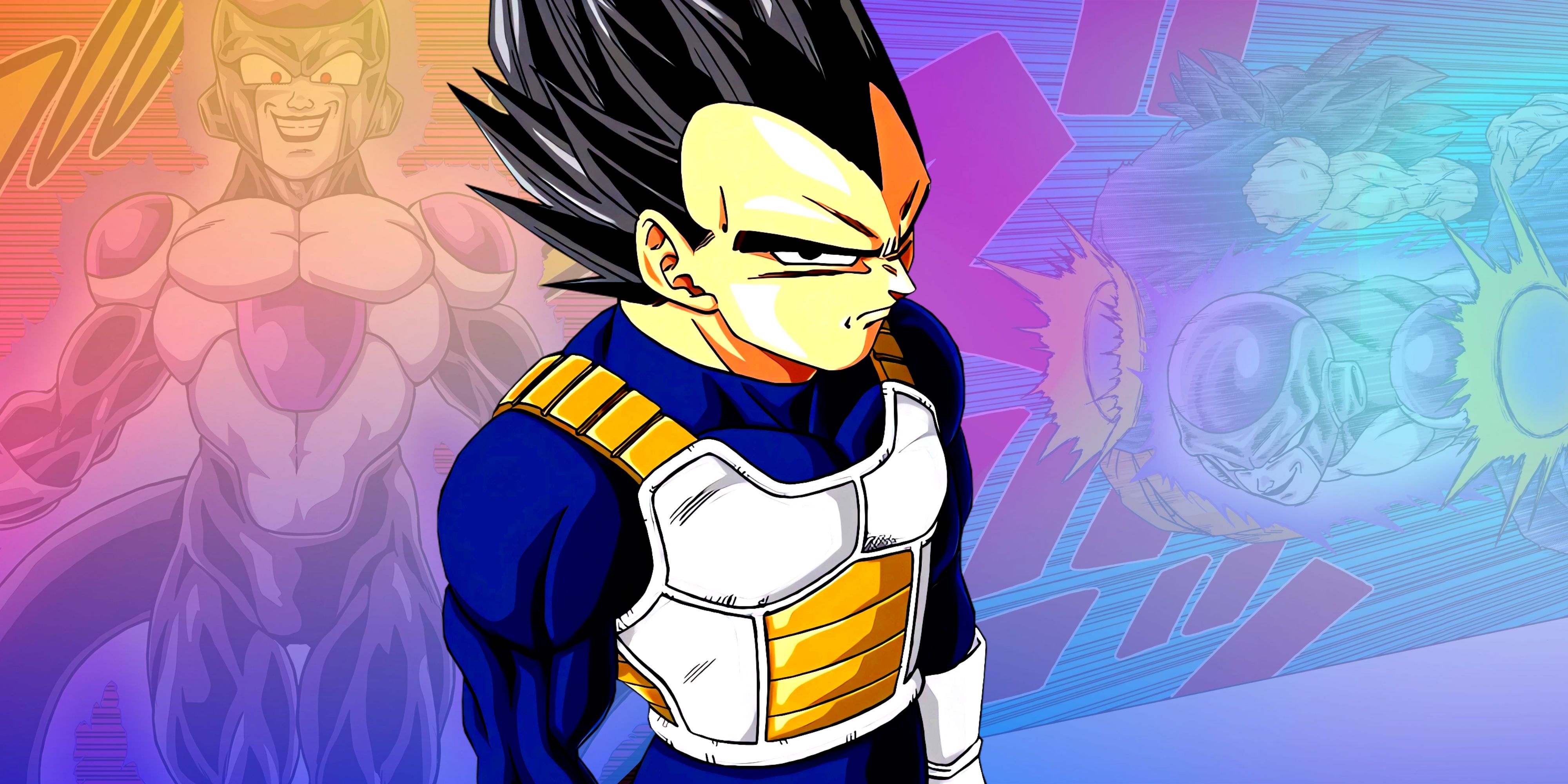 Vegeta standing alone while frowning. Behind him, moments of Black Frieza in the manga can be seen. 