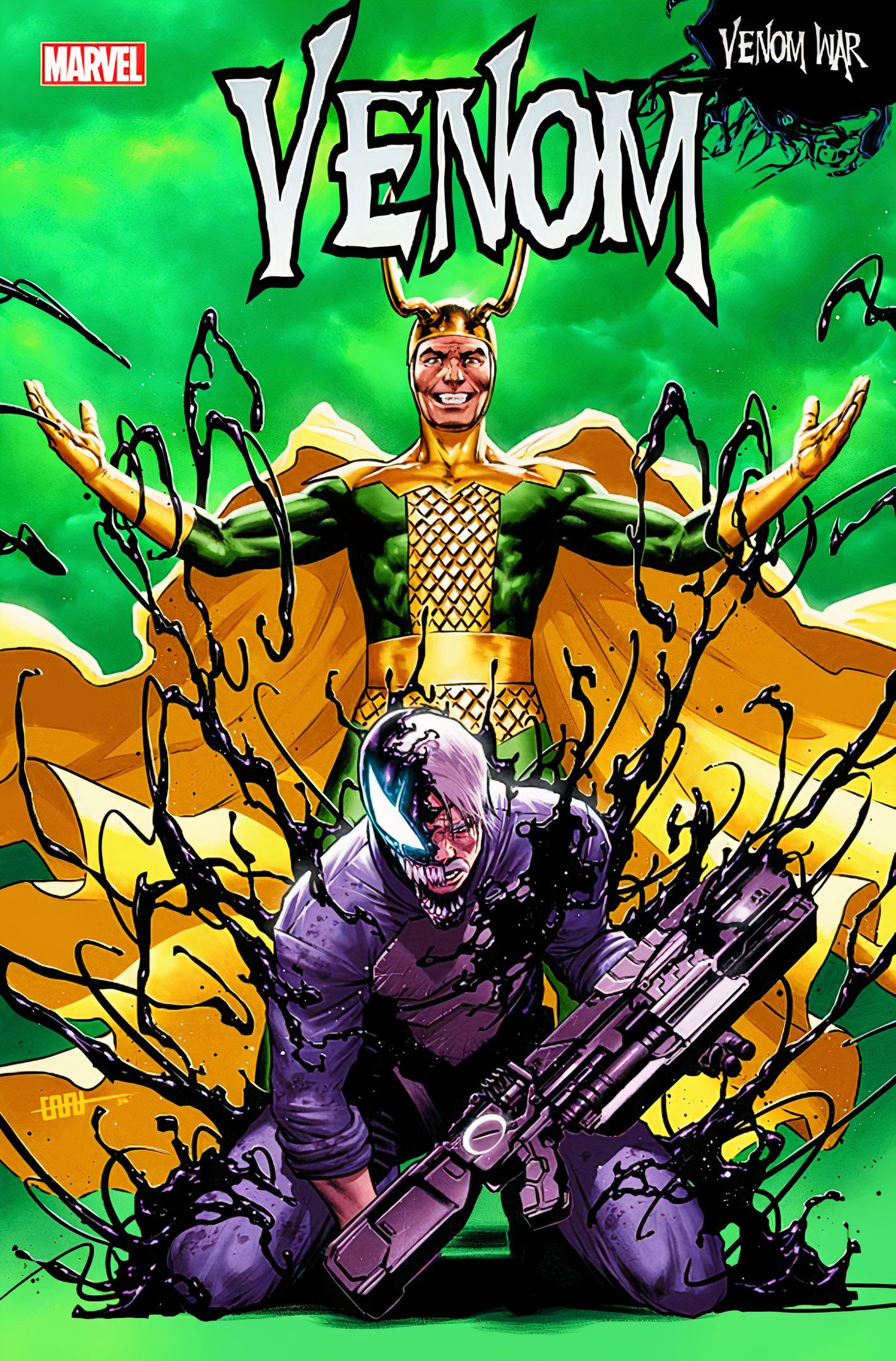 Capa do Venom #39, Old Man Venom de joelhos na frente da forma vil de Loki