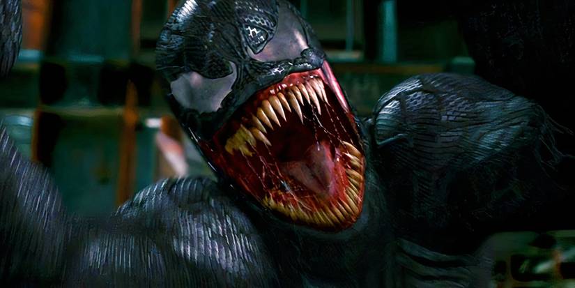 Venom bearing teeth and lunging at the viewer in Spider-Man 3