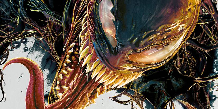 Extreme close up of the Venom symbiote, with his iconic tongue whipping around.