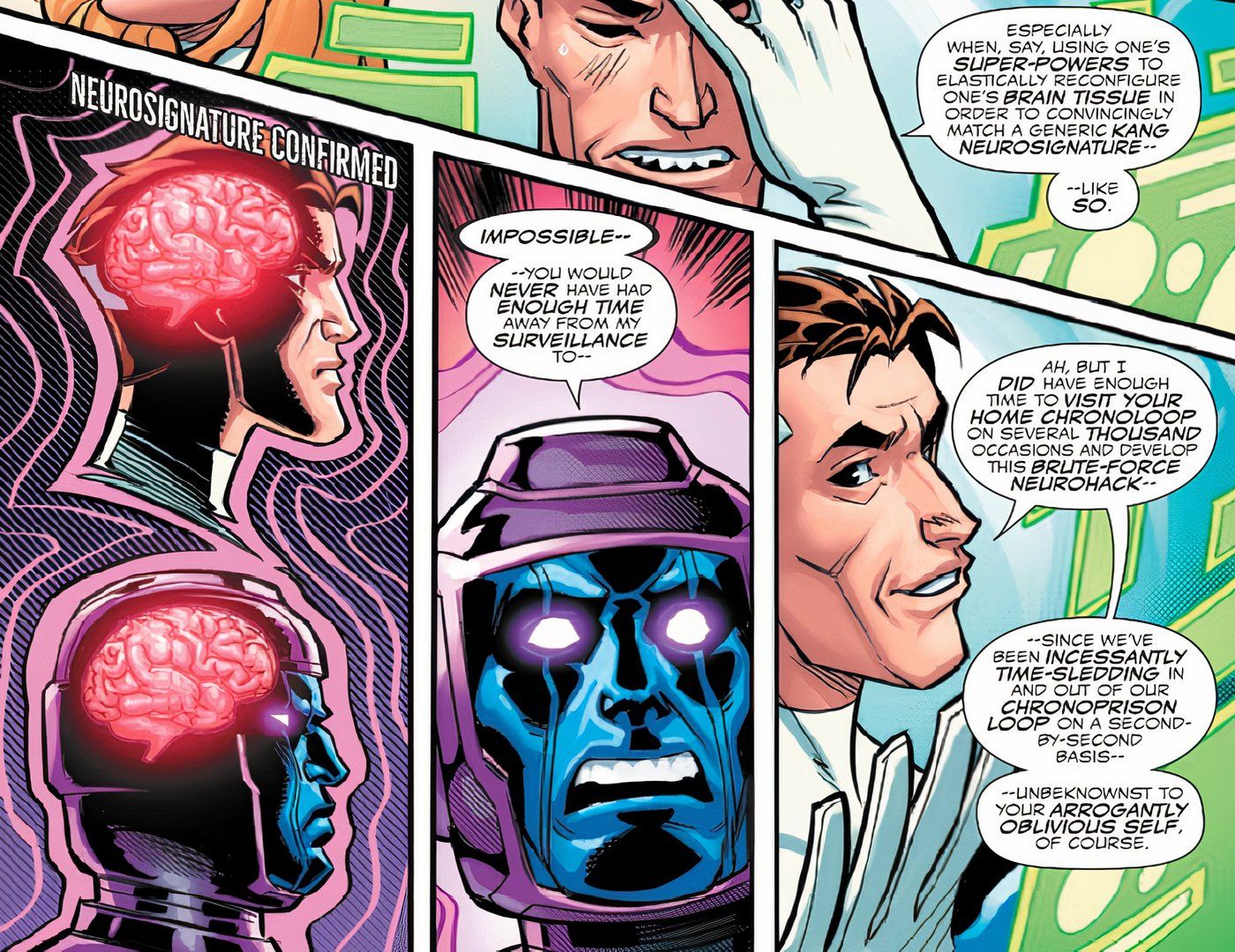 Reed Richards estica seu tecido cerebral para que sua neuroassinatura seja idêntica à de Kang