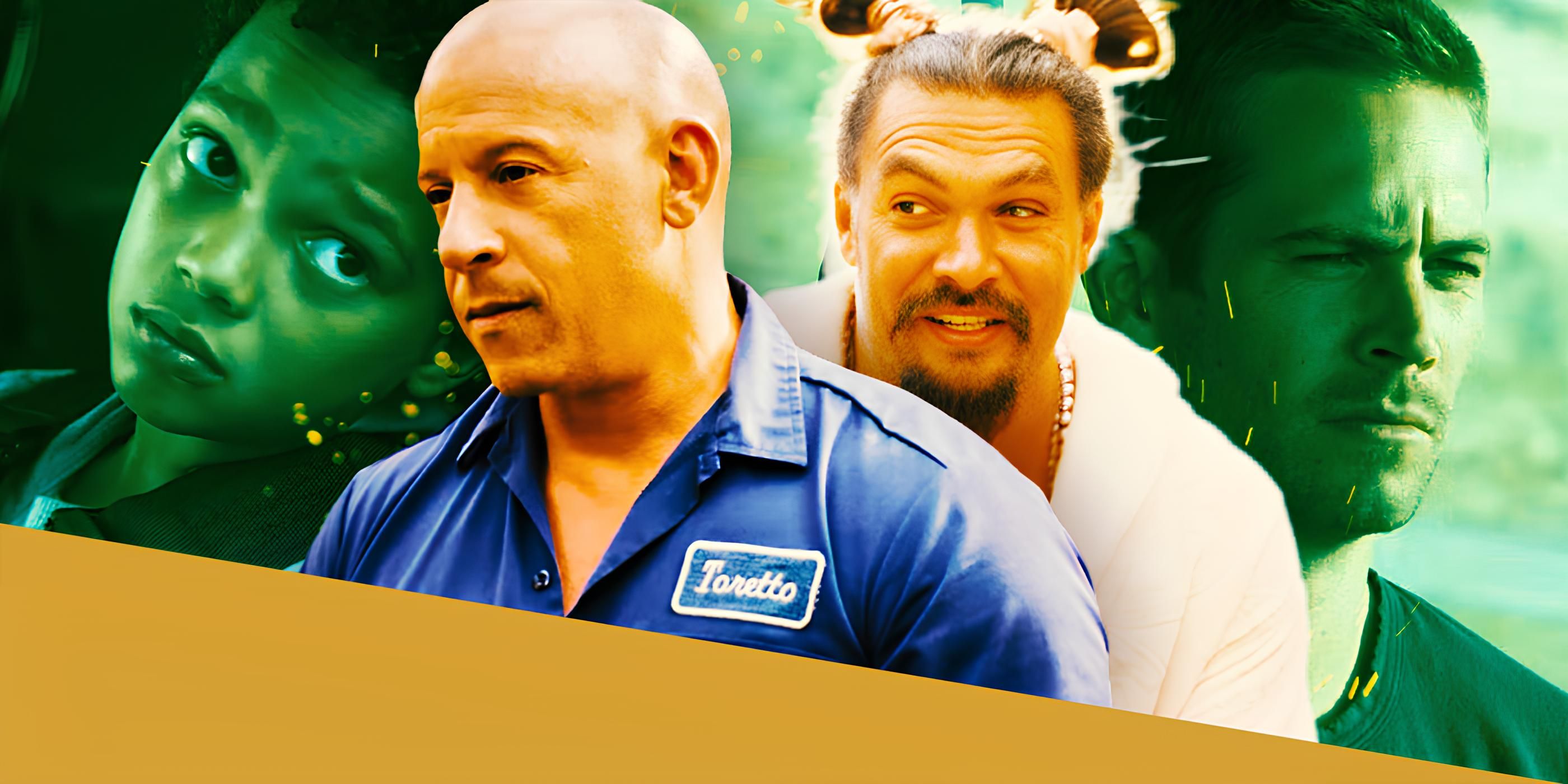 Vin Diesel as Dominic Toretto, Paul Walker as Brian, Jason Momoa as Dante, and Little B From Fast and Furious