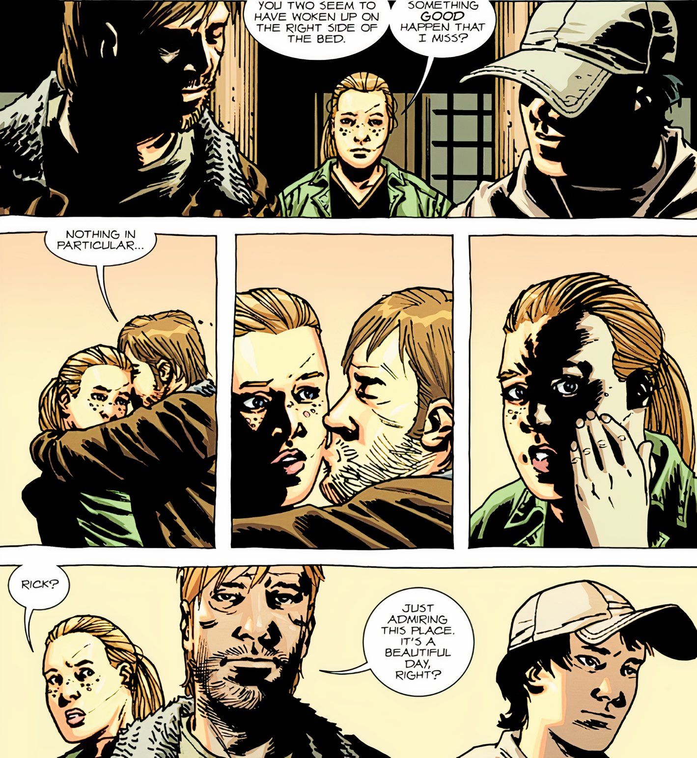 In Walking Dead Deluxe #96, Andrea witnesses Glenn and Rick share a moment of hope