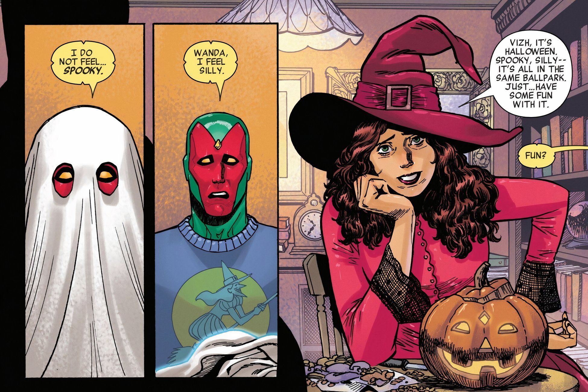 Wanda and Vision celebrate Halloween while carving pumpkins.