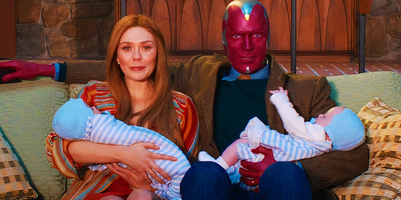 Wanda Maximoff and Vision with baby Billy and Tommy in WandaVision