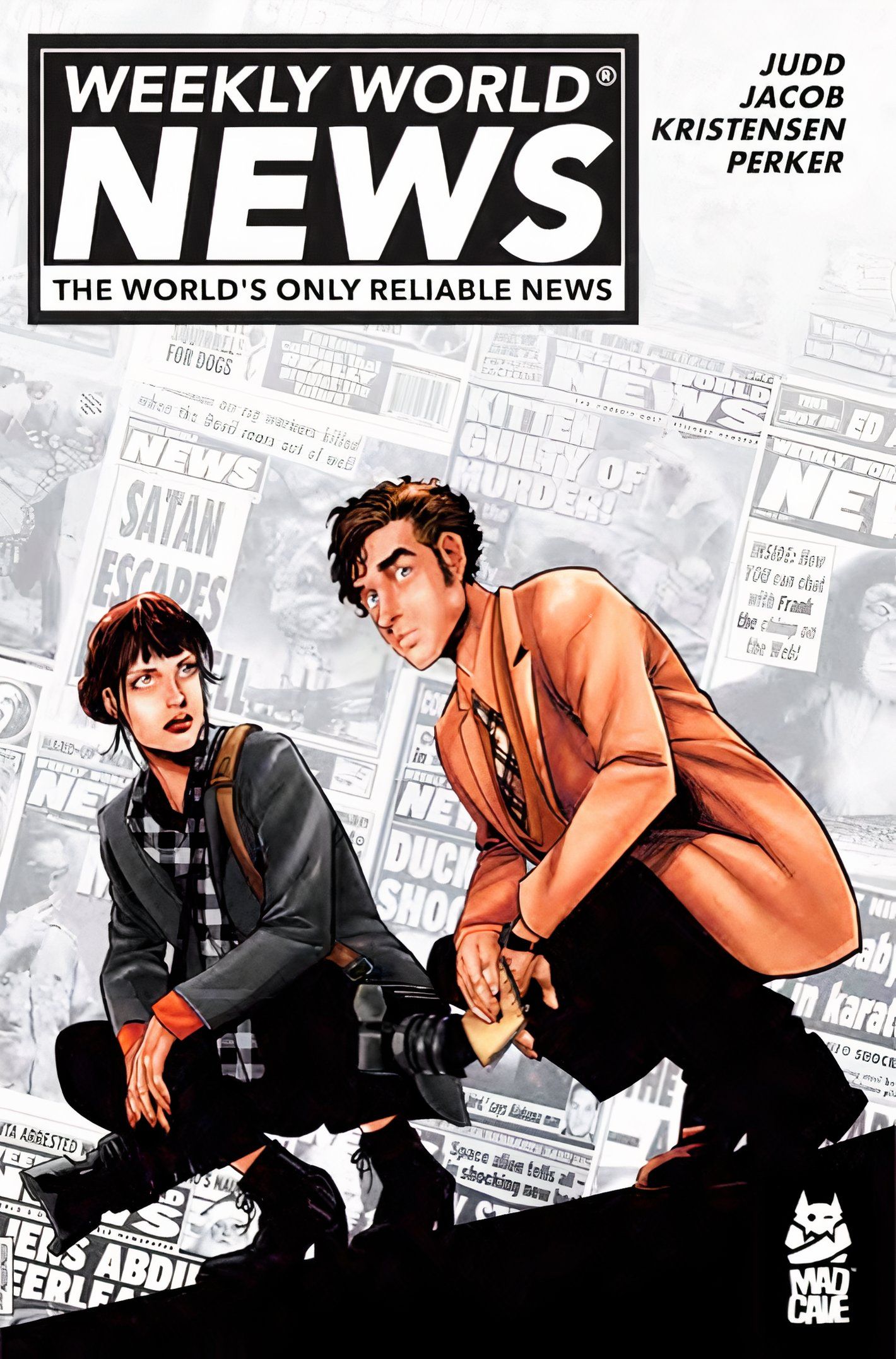 Weekly World News Comic Series, protagonistas em um cenário de capas da WWN.