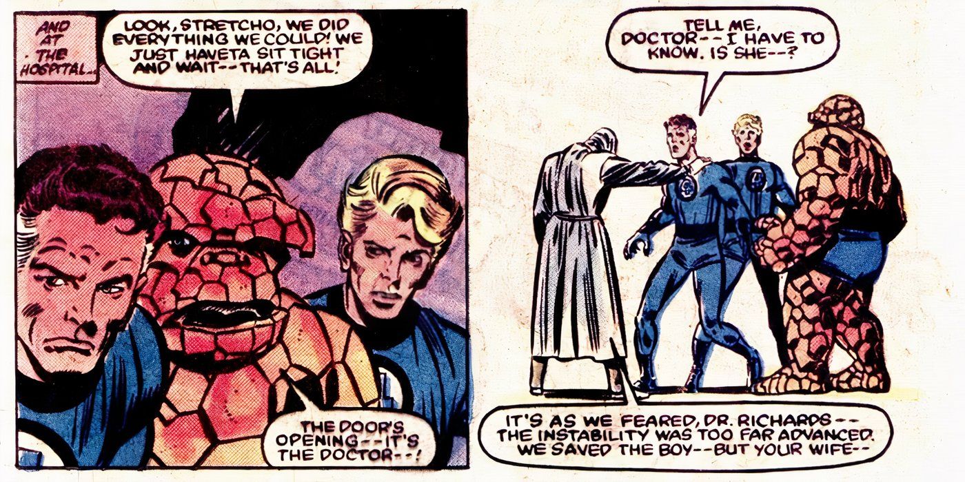 Painéis de quadrinhos: Reed Richards, o Coisa e o Tocha Humana esperam pela Mulher Invisível enquanto ela dá à luz. O médico sai e revela que a Mulher Invisível morreu no parto, enquanto o bebê sobreviveu.