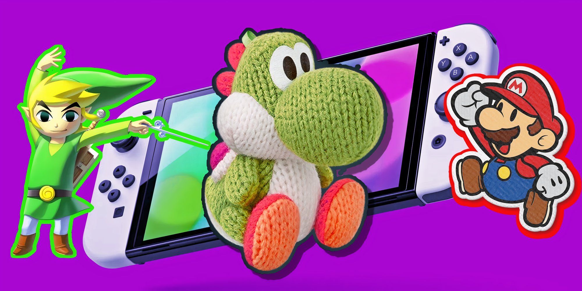 Link from The Wind Waker, Yoshi from Yoshi's Woolly World, and Paper Mario in front of a Nintendo Switch on a purple background.