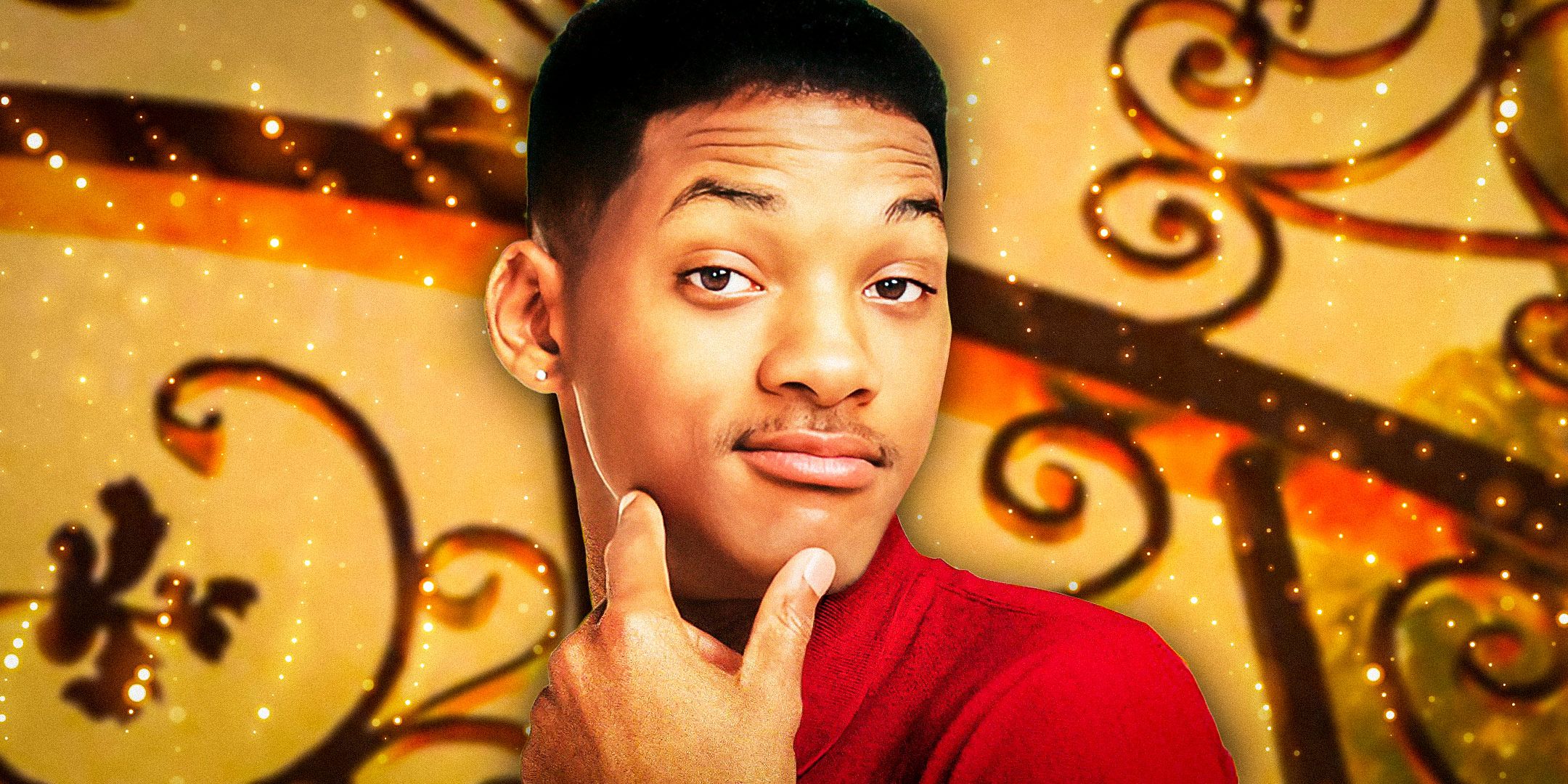 Will Smith with a hand on his chin in front of an orange background with a fancy swirl design