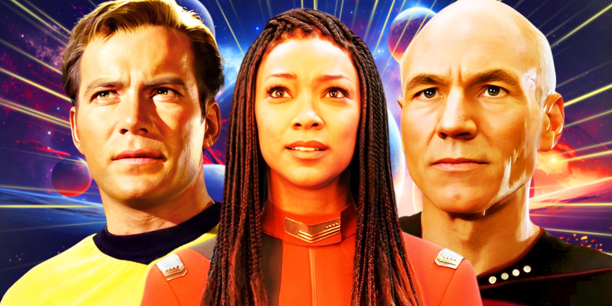 William Shatner as Kirk in TOS, Patrick Stewart as Captain Jean-Luc Picard in TNG & Sonequa Martin-Green as Captain Michael Burnham in Star Trek Discovery