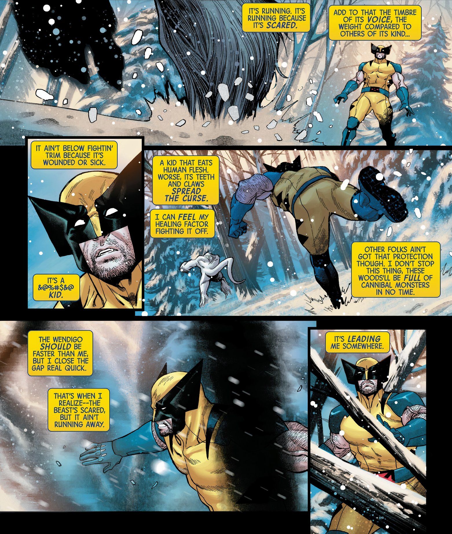 Wolverine persegue um jovem Wendigo pela neve. 