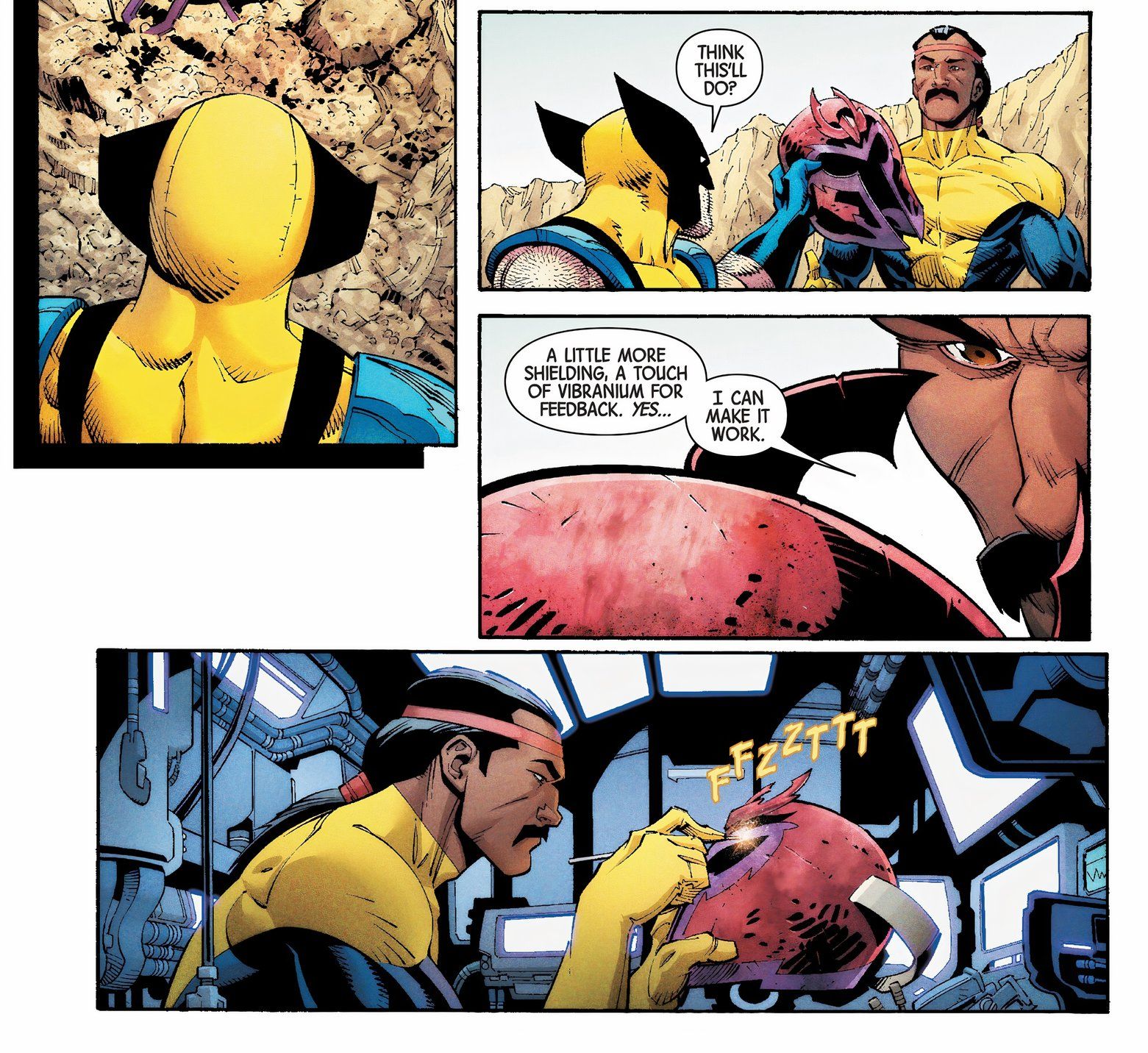 Wolverine digs up Magneto's helmet in the forge.