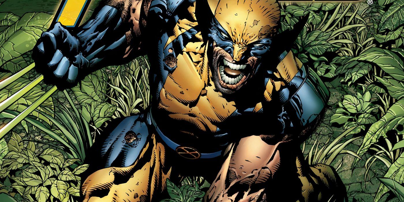 Wolverine com suas garras, agachado no mato.