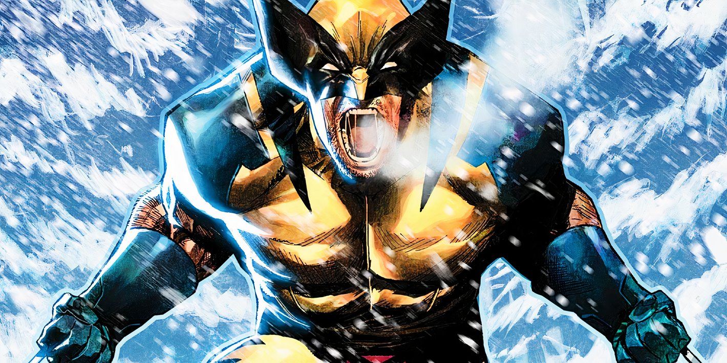 Wolverine screaming, rearing back with his claws, amidst a heavy snowstorm