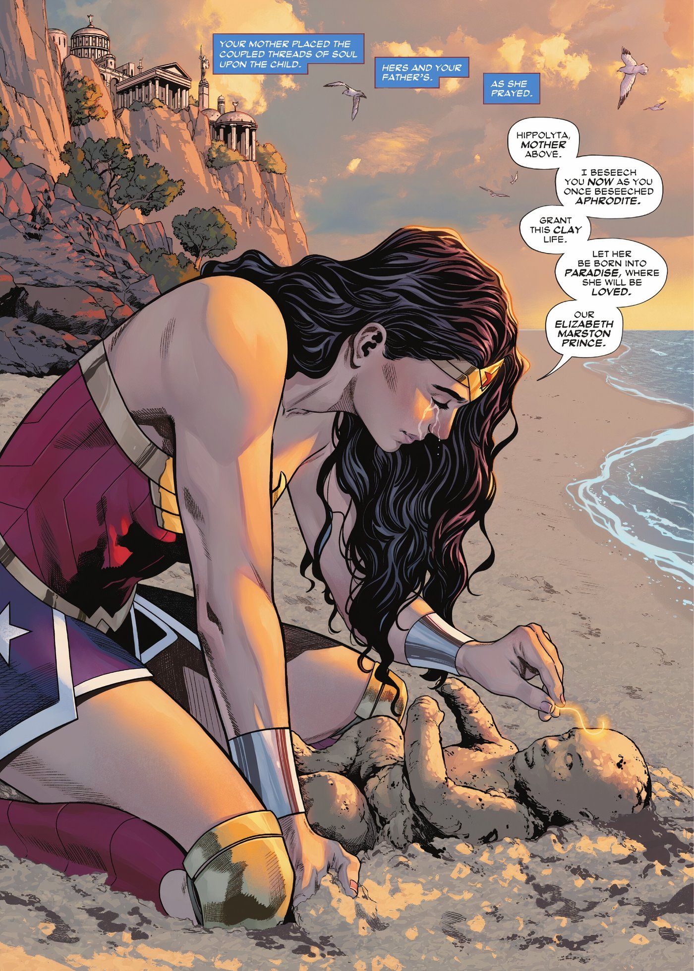 Wonder Woman forms her daughter from clay and a golden thread that combines her and Steve Trevor's souls, as she says a prayer to Hippolyta to give the baby life