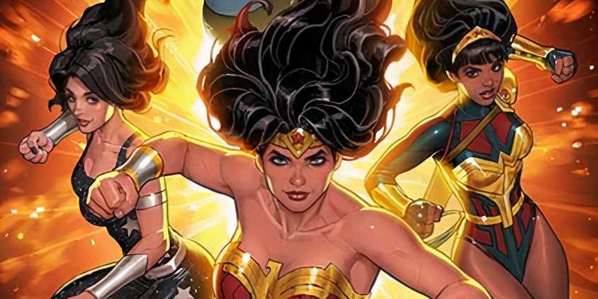 Comic book art: Wonder Woman leaps forward between Donna Troy and Yara Flor.