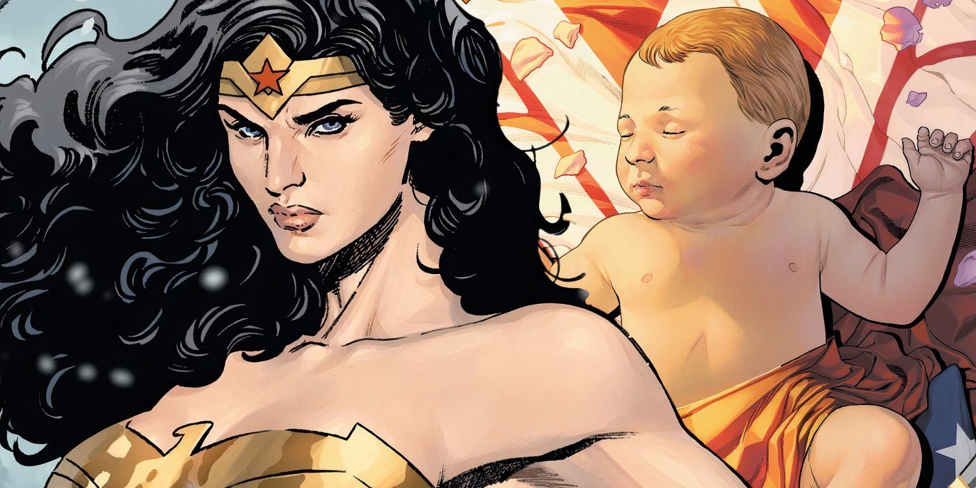 Wonder Woman (frente) con su bebé Lizzie Prince al fondo.