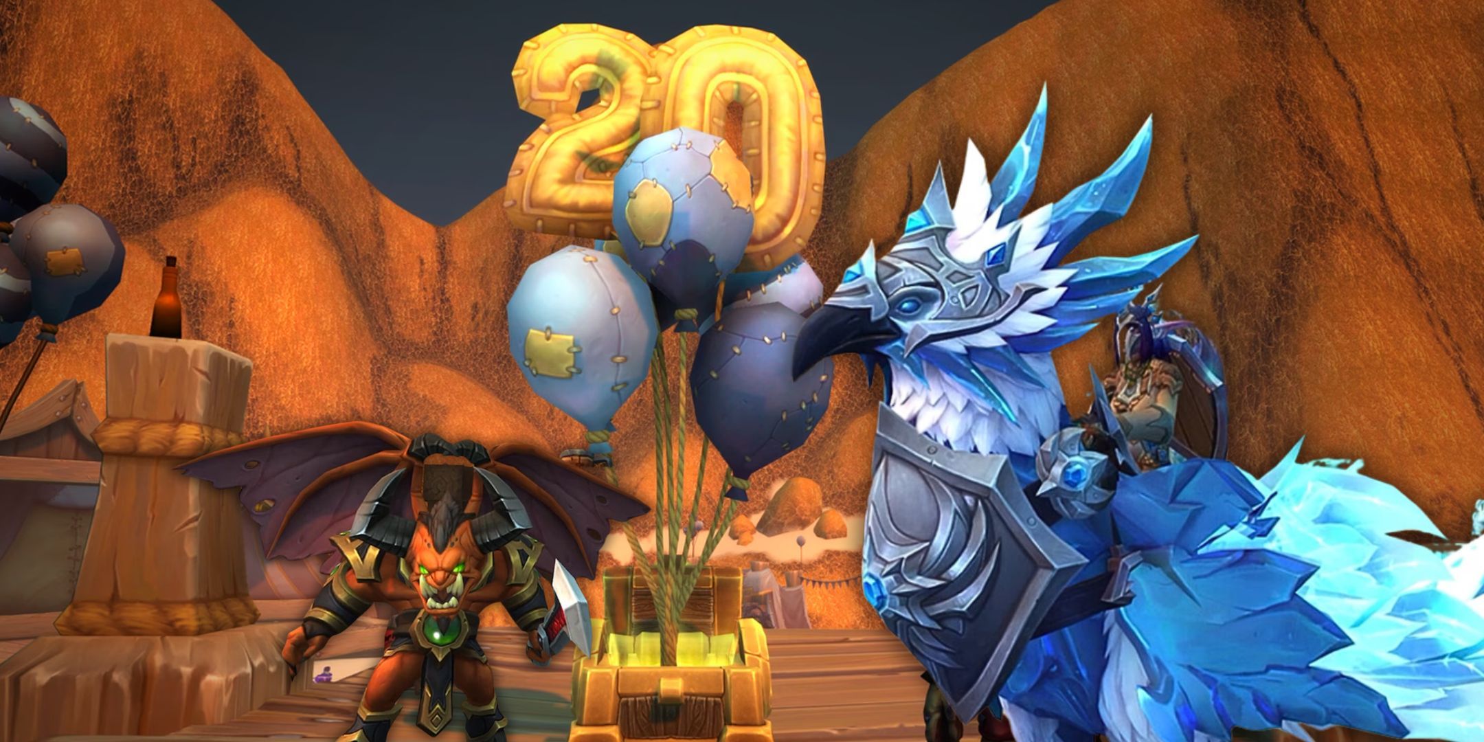 World of Warcraft 20th anniversary balloons with a mount and pet rewards shown in front