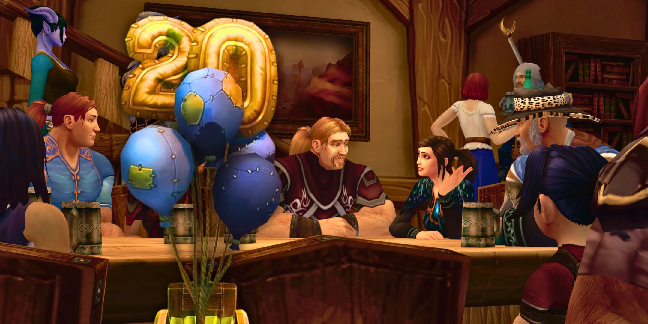 WoW 20 Year balloons in front of a screenshot from the remarkable life of ibelin