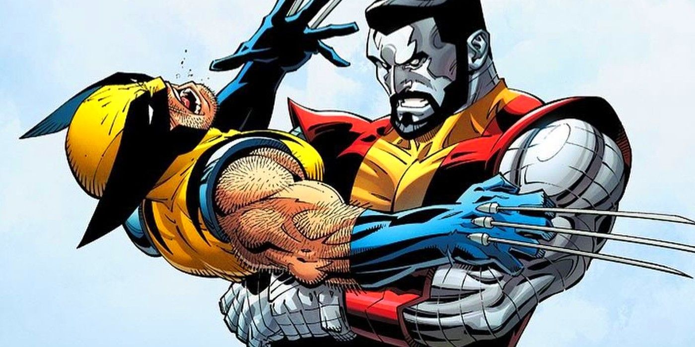 Comic book art: x-men's colossus crushes wolverine.