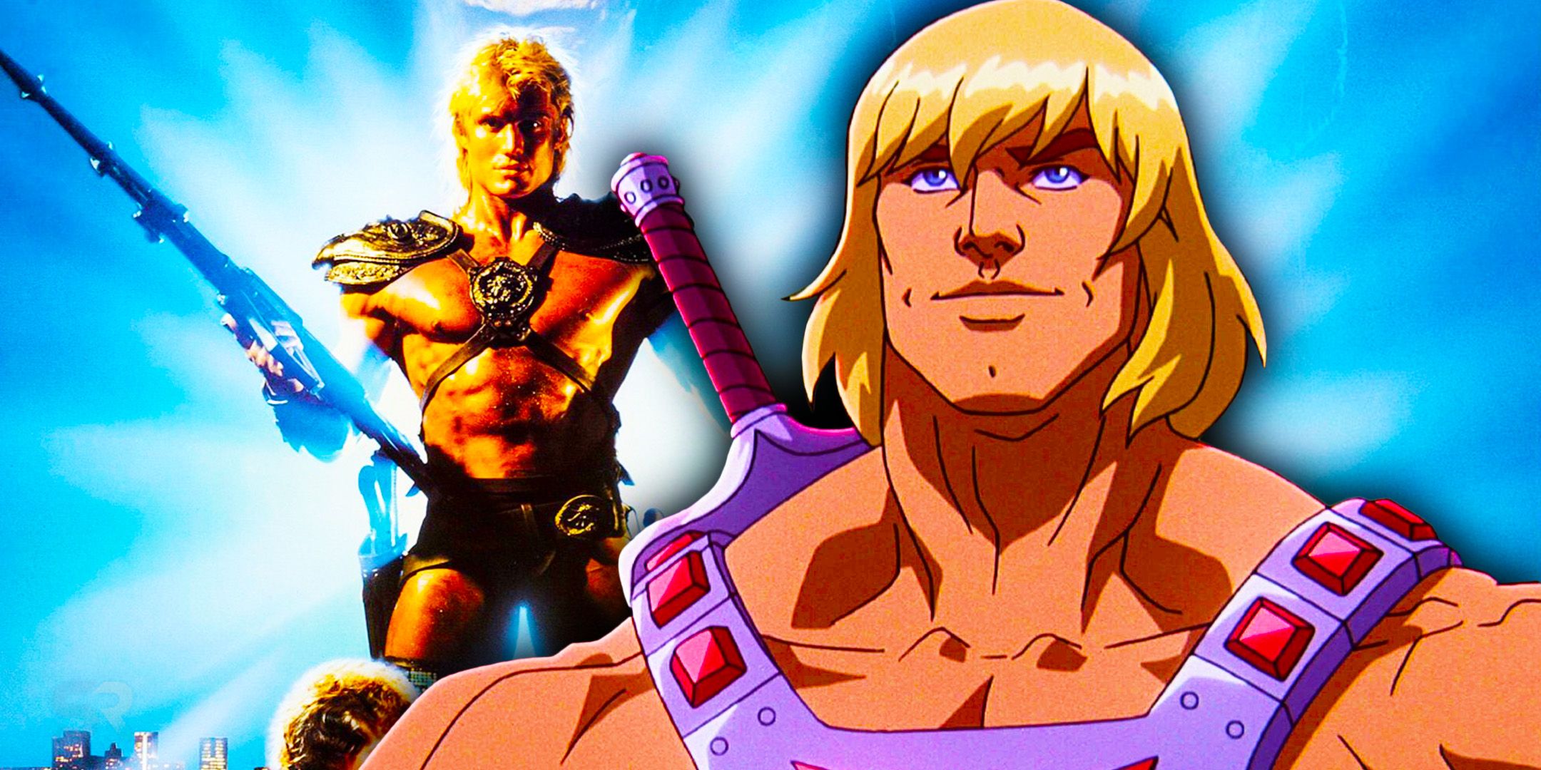 Custom image of live-action He-Man and animated He-Man