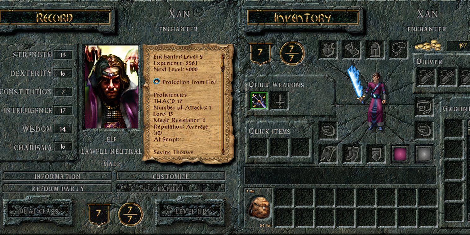 Xan's character sheet from Baldur's Gate 1