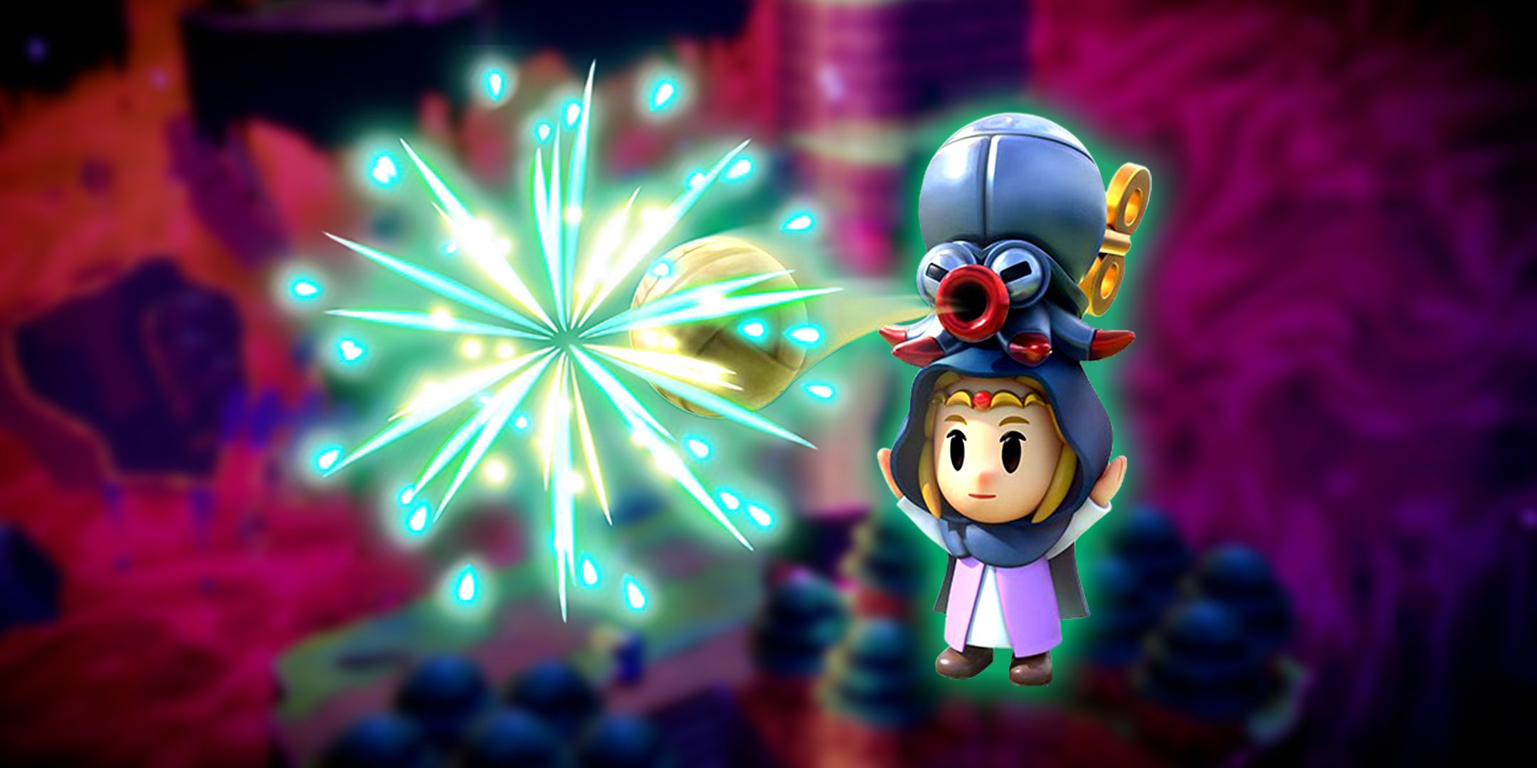 Zelda holding the Tocktorok automaton in front of a blurred rift background in The Legend of Zelda: Echoes of Wisdom.