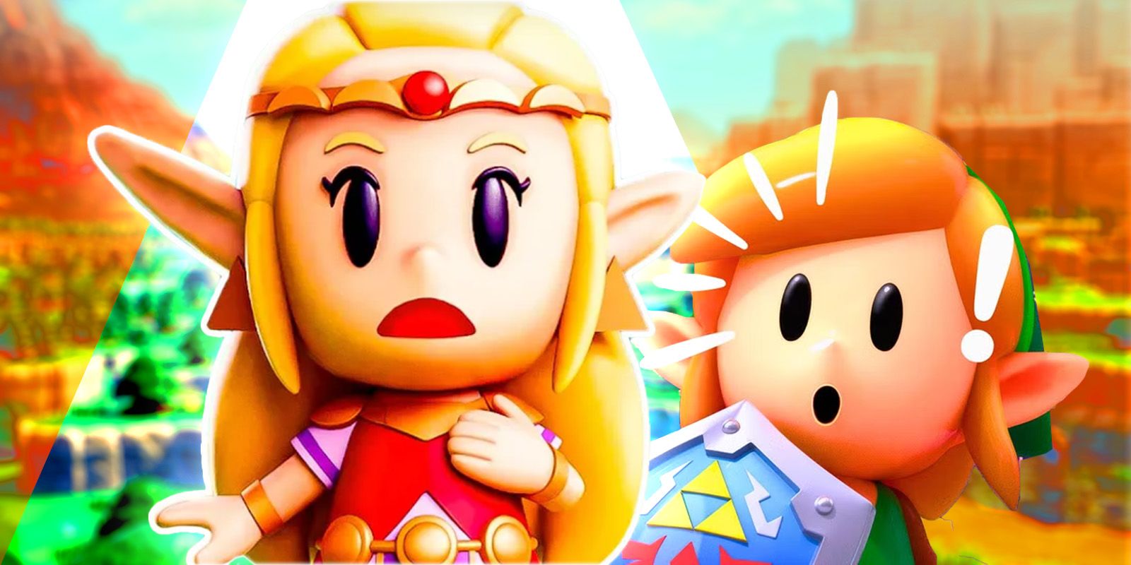 Princess Zelda and Link from The Legend of Zelda: Echoes of Wisdom looking shocked.