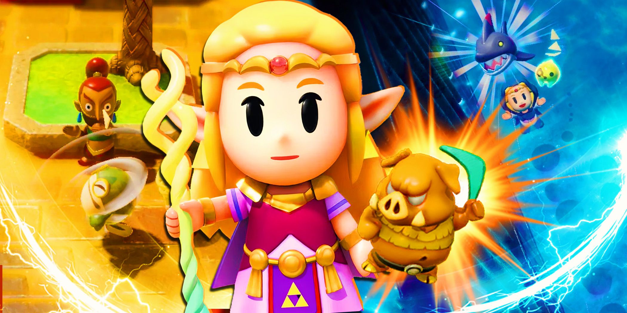 Zelda em Zelda Echoes Of Wisdom com Tornando, Chompfin, Boomerang Boarblin