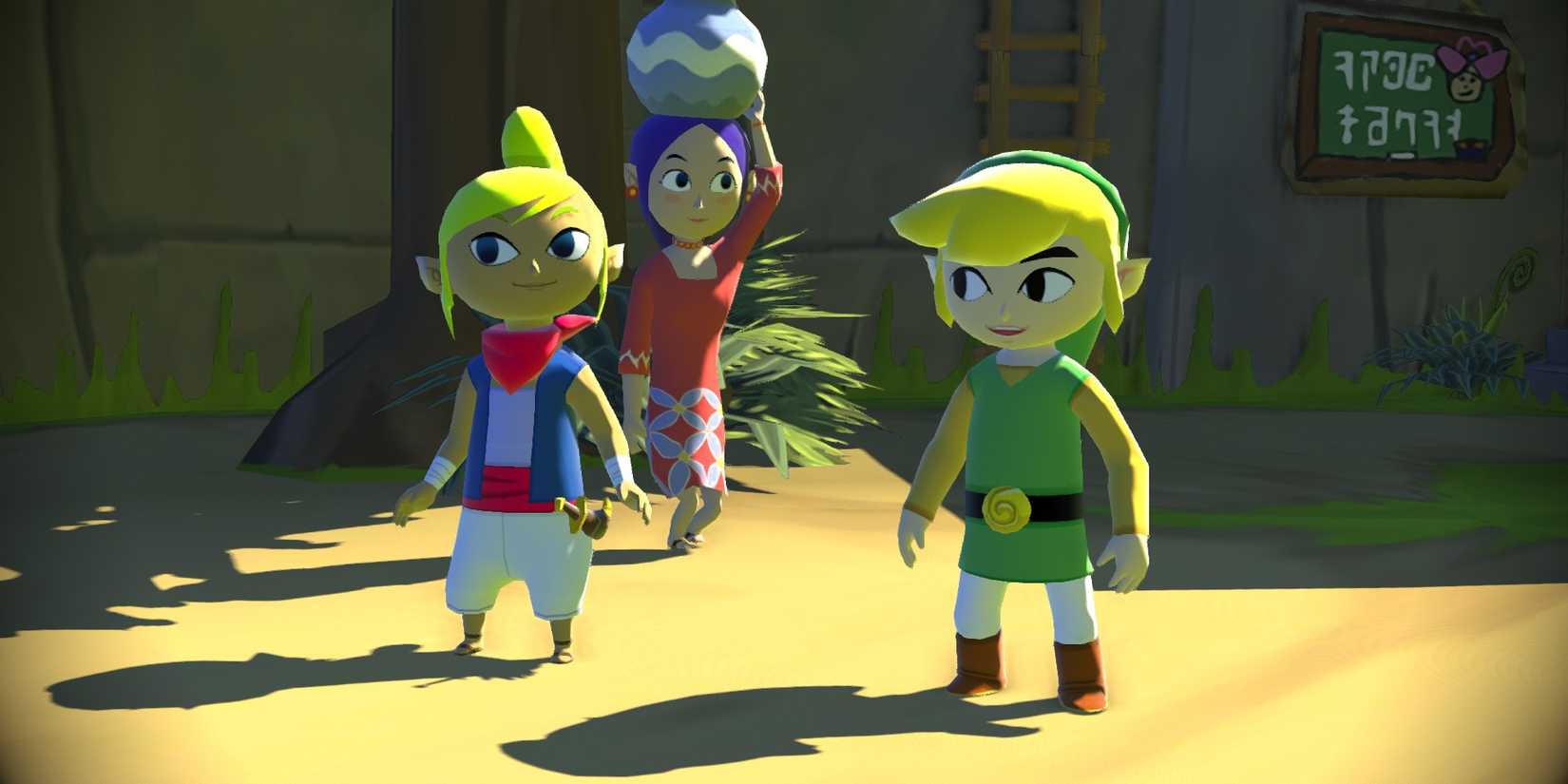 A promotional screenshot showing Tetra, Link and Sue-Belle from The Legend of Zelda: The Wind Waker HD.