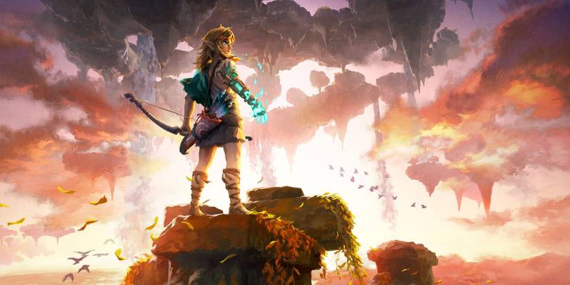 Link standing on a pillar with his bow in The Legend of Zelda: Tears of the Kingdom.