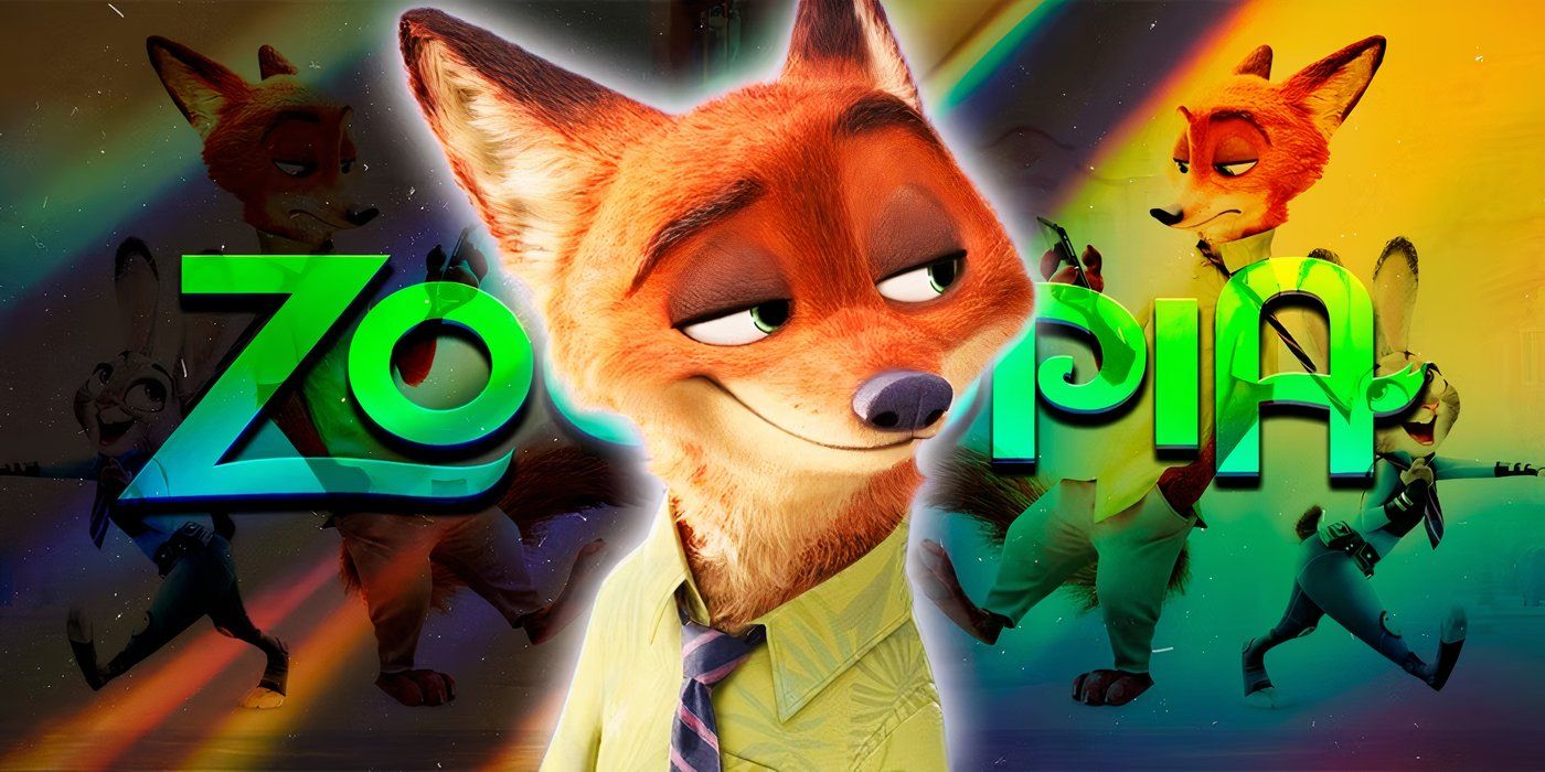 Nick Wilde, el zorro de Zootopia, con el logo de la película detrás.