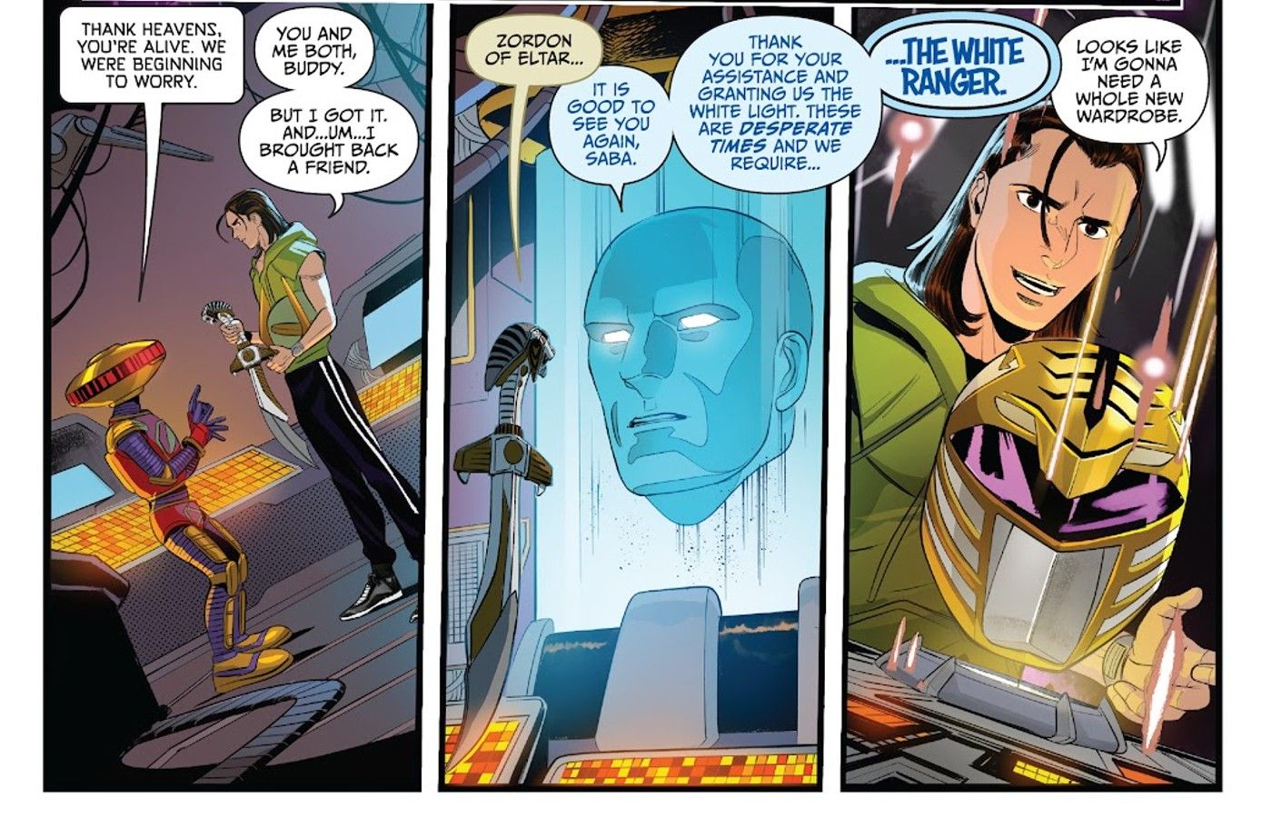 Zordon se prepara para transformar a Tommy Oliver en el White Ranger para el equipo Mighty Morphin en Go Go Power Rangers #27.