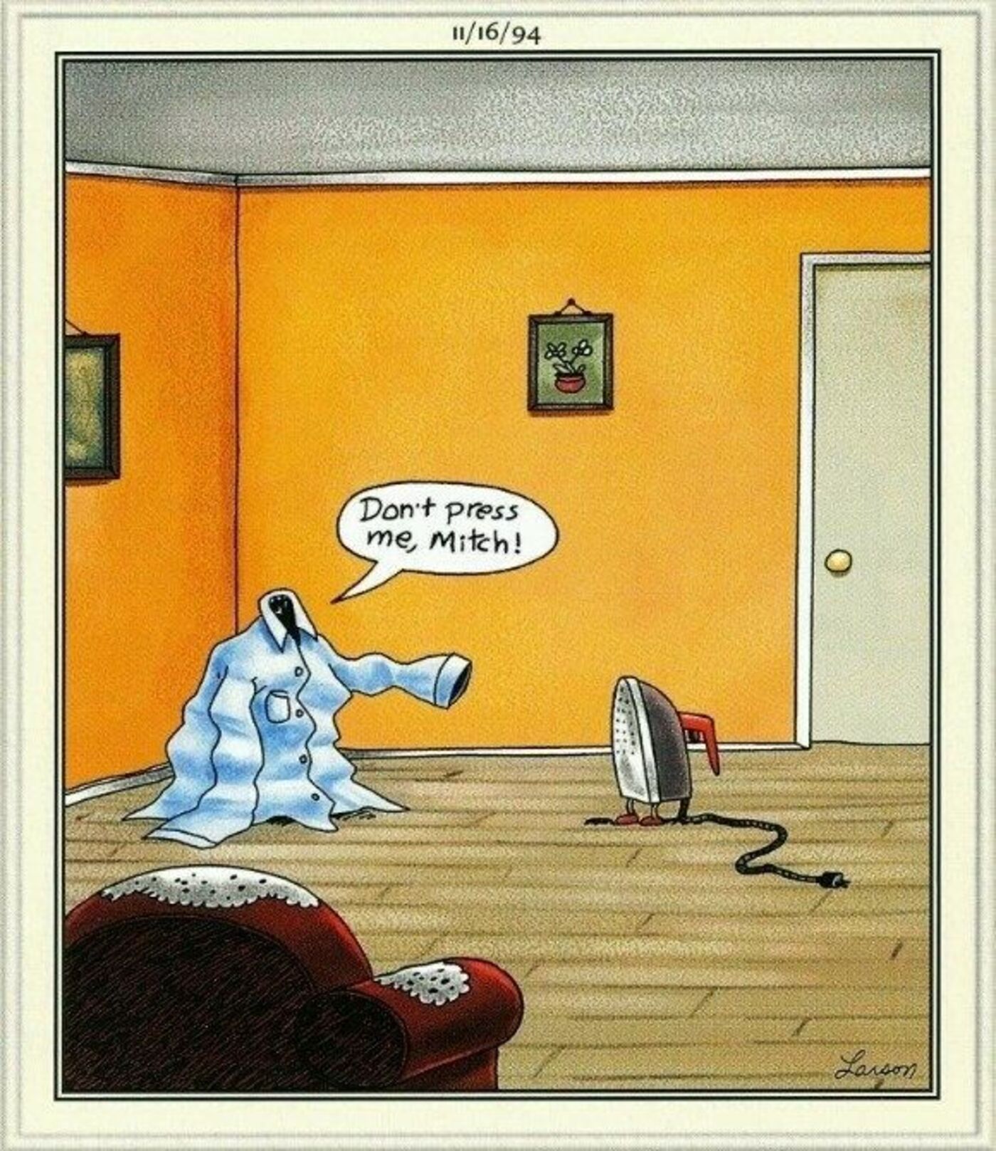 Far Side, a sentient short yelling at a sentient iron.