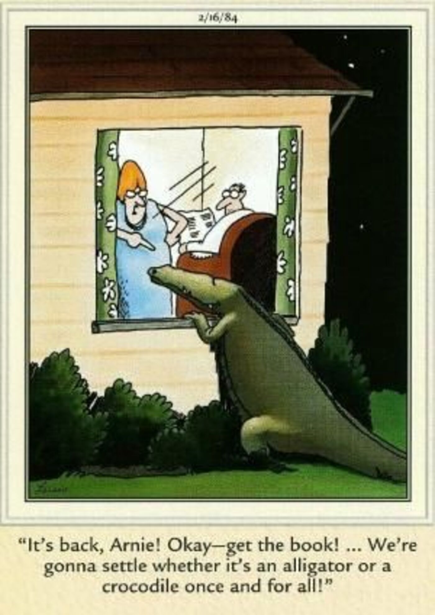 The Far Side, 16 de fevereiro de 1984, um crocodilo parado do lado de fora da janela de uma casa suburbana.