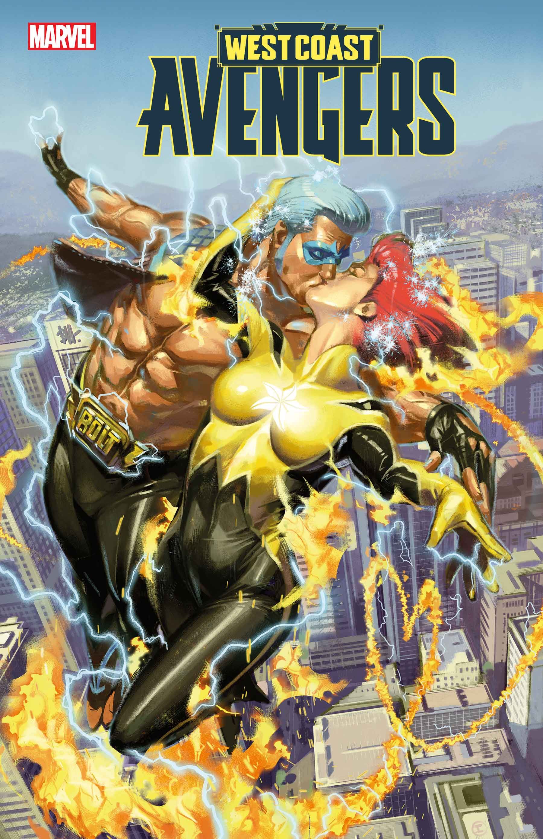 West Coast Avengers # 4 capa principal de Ben Harvey - Firestar e Blue Bolt se abraçam e se beijam durante o vôo