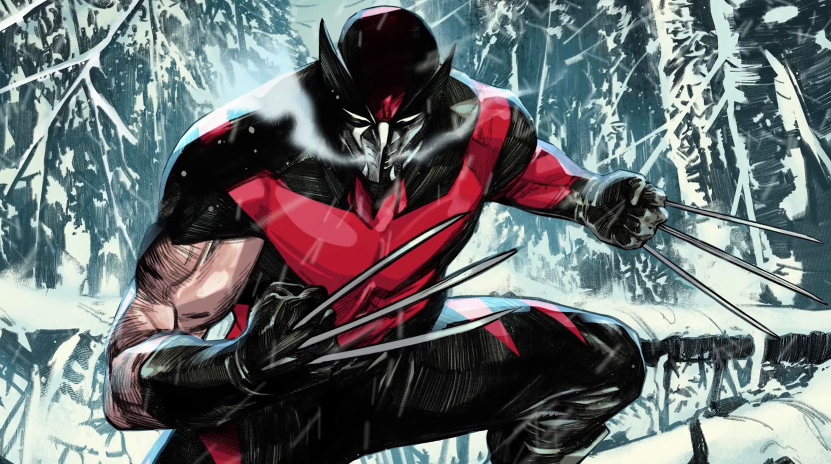 Comic book art: Wolverine Winter Soldier in the snow with claws out.