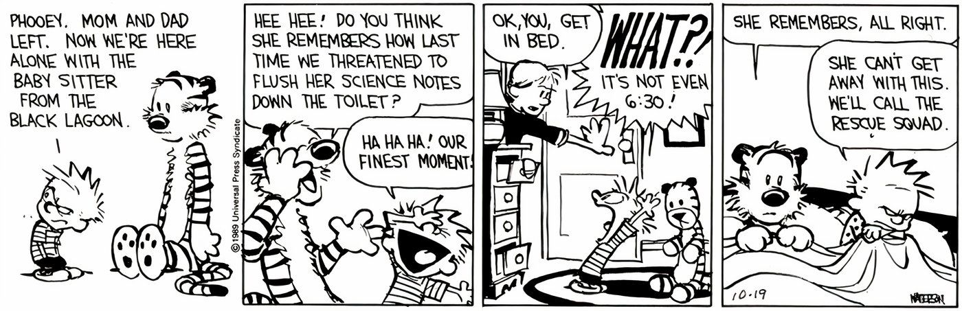 Calvin e Hobbes sendo mandados para a cama cedo pela babá.