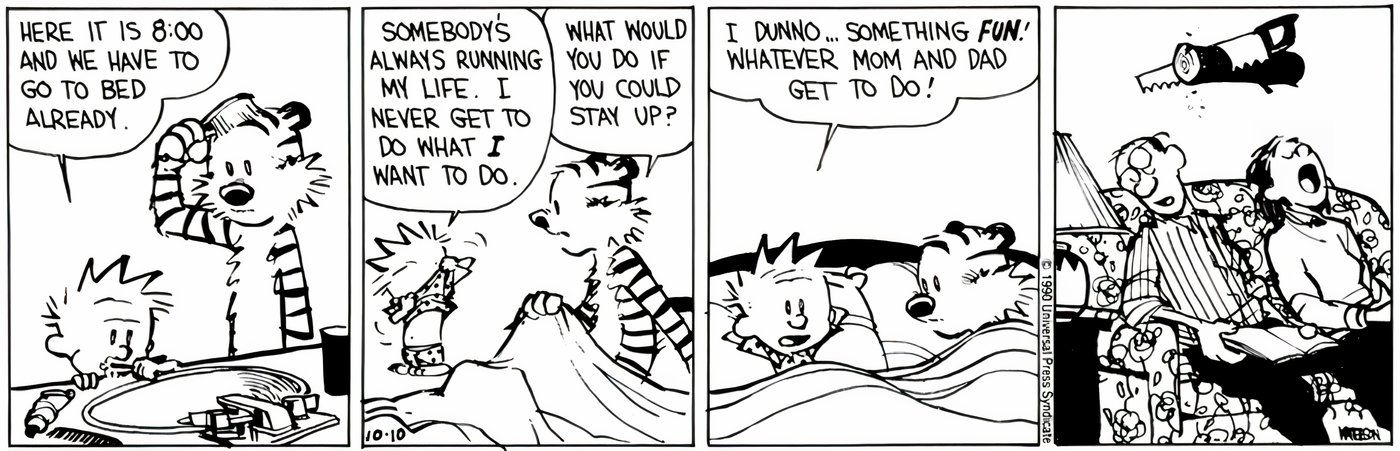 Calvin e Hobbes se preparando para dormir.