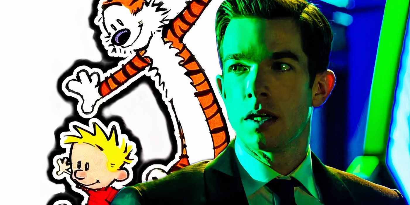 John Mulaney with Calvin and Hobbes behind him.