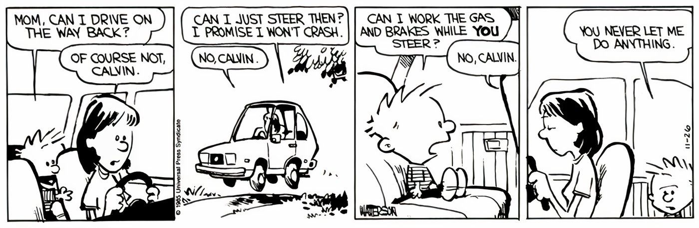 A mãe de Calvin dizendo que ele não pode dirigir.