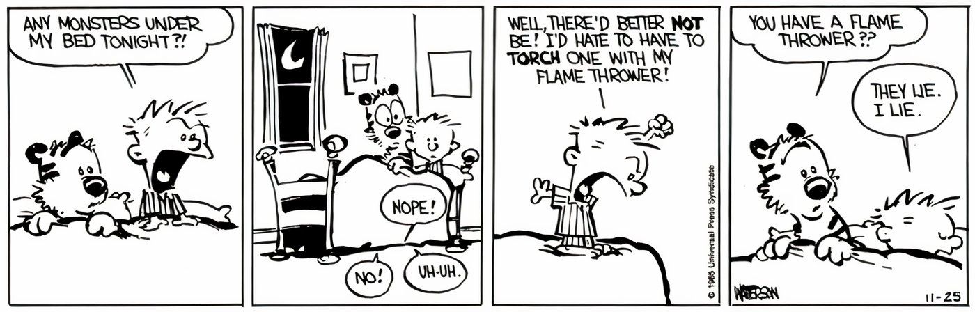 Calvin e Hobbes ameaçando os monstros debaixo da cama.