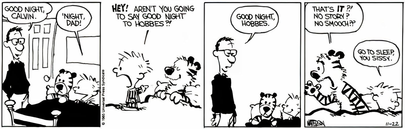 O pai de Calvin colocando Calvin e Hobbes na cama.