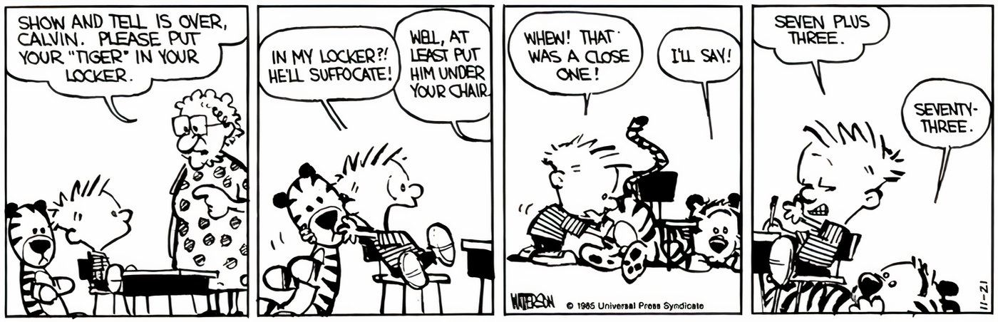 Hobbes dando a Calvin respostas erradas para um problema de matemática.