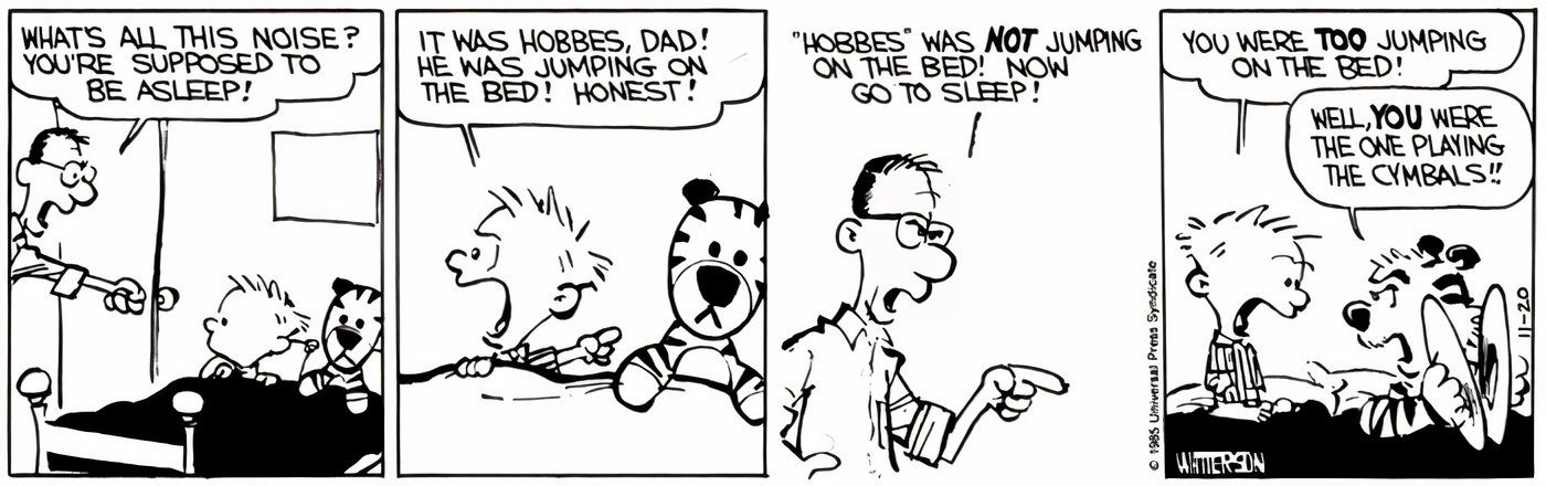 O pai de Calvin vê Hobbes apenas como um bicho de pelúcia pela primeira vez.