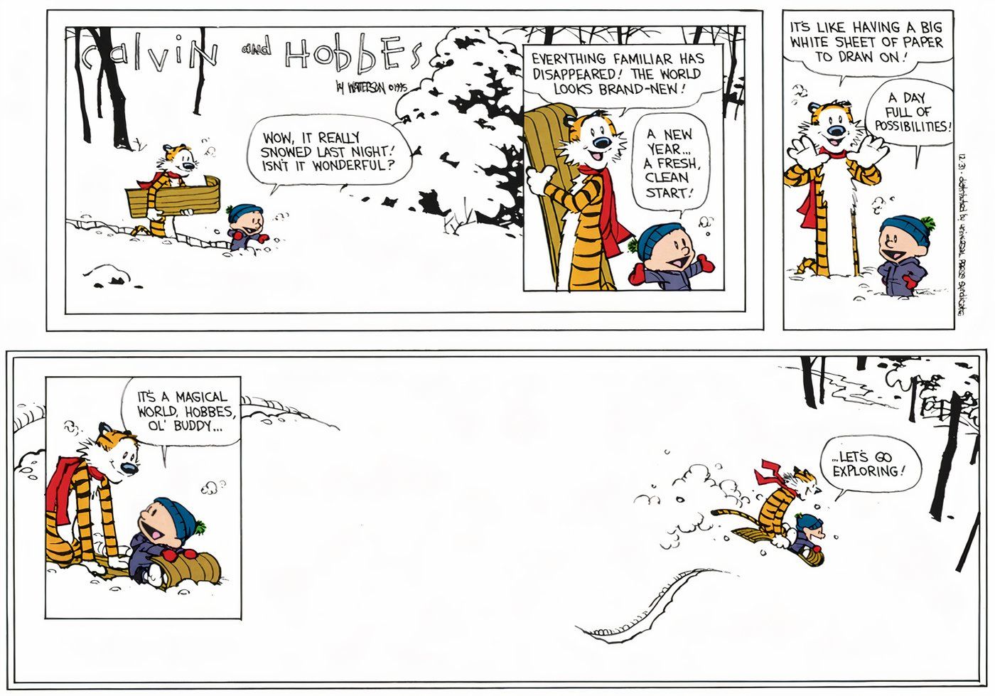 Calvin e Hobbes andando de trenó juntos.