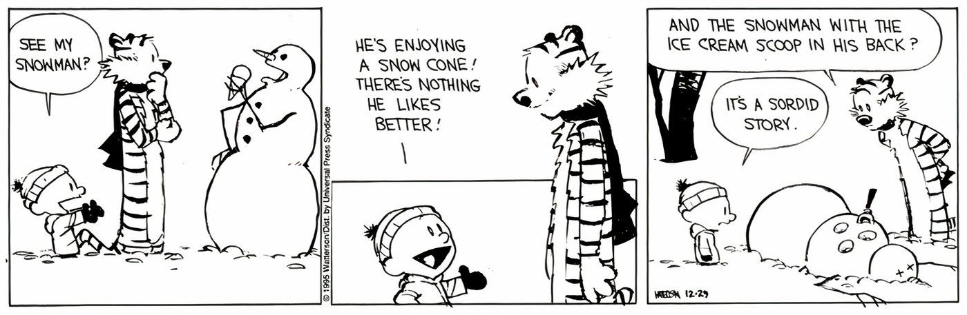 Calvin mostrando a Hobbes a cena do assassinato do boneco de neve.