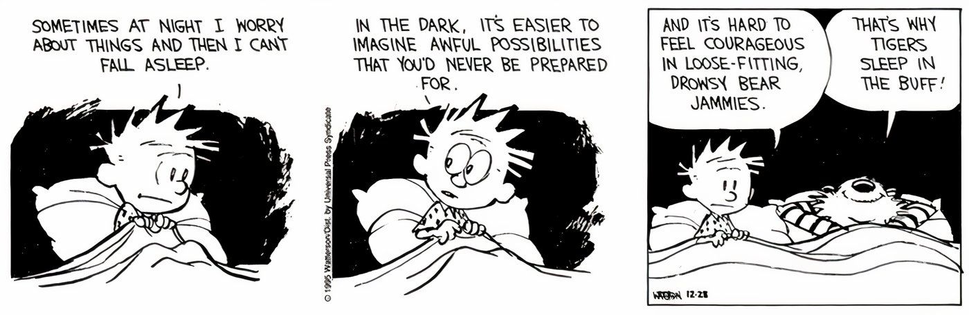 Calvin sentado à noite, ansioso com o desconhecido.